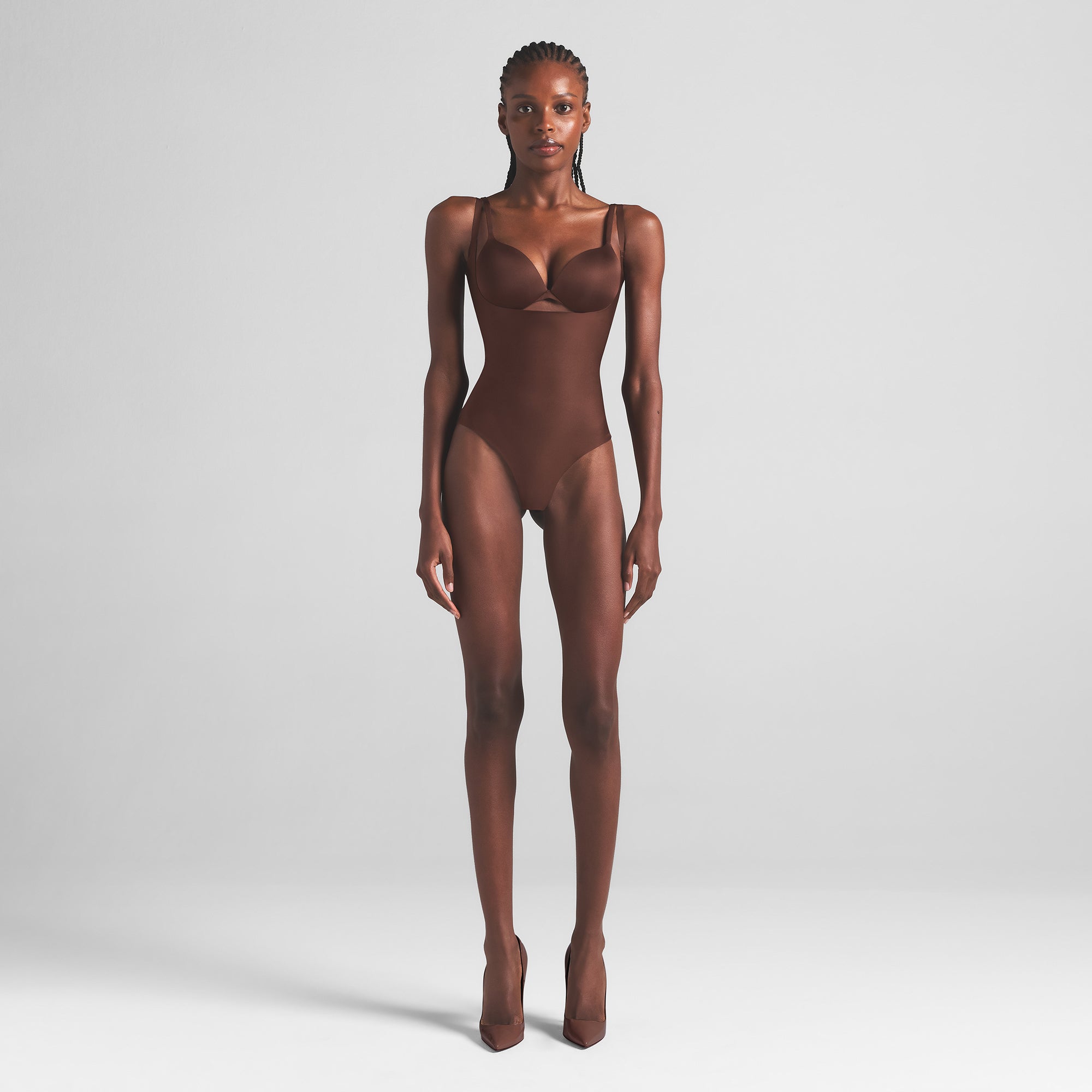 SKIMS BODY CORE SCULPT OPEN BUST THONG BODYSUIT | COCOA