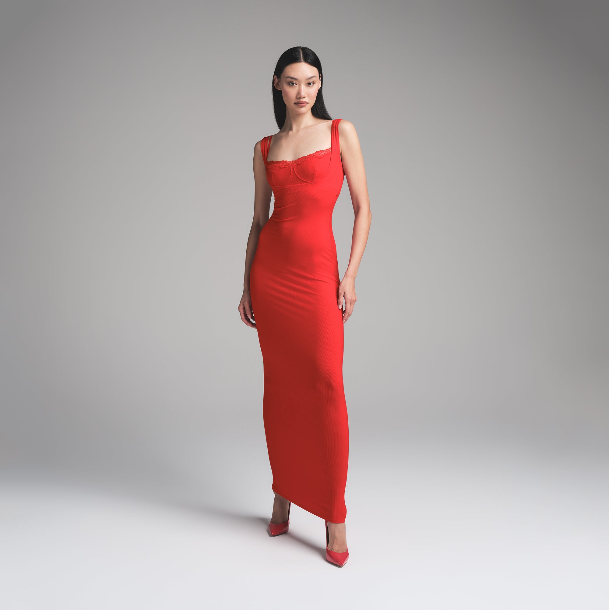 SOFT LOUNGE LACE LONG DRESS WITH BRALETTE | CHERRY