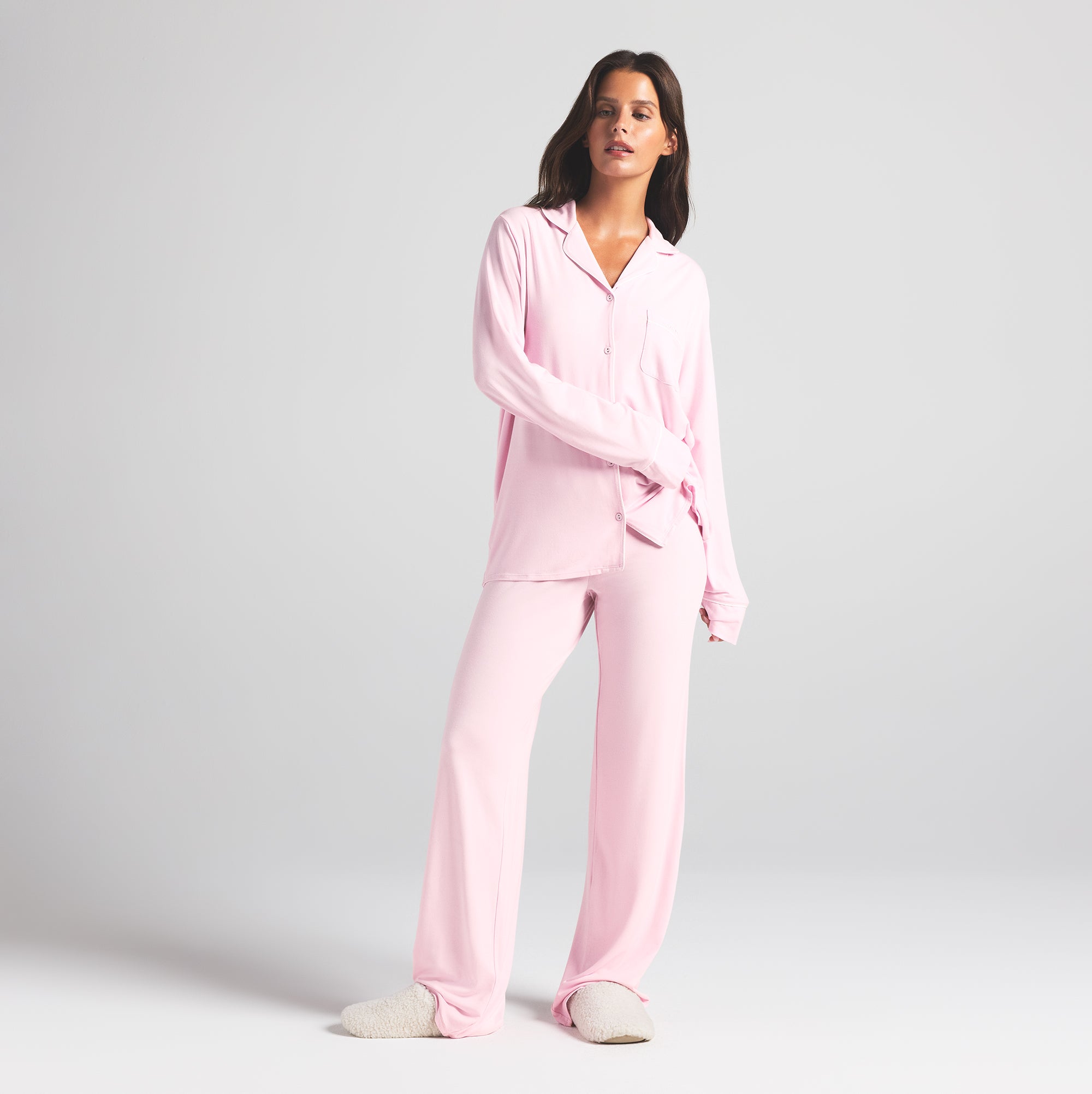 SKIMS SLEEP LONG SLEEVE BUTTON UP SET | CHERRY BLOSSOM CONTRAST